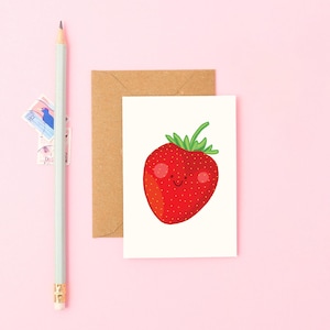 Mini tarjeta de fresa / Pequeña tarjeta de felicitación / Linda tarjeta de fruta de verano / Divertida ilustración gastronómica / Pequeña tarjeta de cumpleaños / Mini tarjeta de agradecimiento