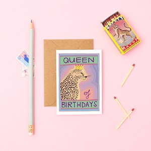 Queen of Birthdays Card | Cheetah Birthday Card for Her | Feminine Birthday Card | Mum Birthday Card | Mini A7 Birthday Card