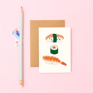 Mini Cartão de Sushi | Cartão de Saudação de Comida Minúsculo | Ilustração de Comida Japonesa Bonita | Design de Sushi Smiley | Cartão de Aniversário Pequeno | Cartão Kawaii Divertido