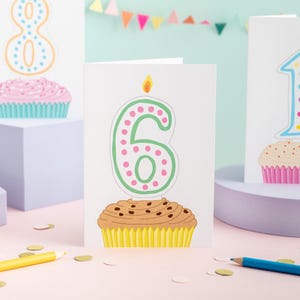 6th Birthday Card | Hand Drawn Cupcake with Candle | Gender Neutral Milestone Greeting Card For Boys Or Girls
