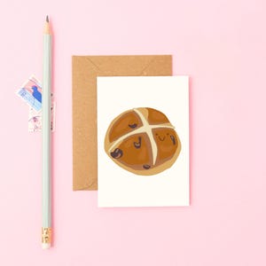 Mini Hot Cross Brötchen Karte | Süße Ostergrußkarte | Kleine Lebensmittel Illustration | Kleine schrullige Karte | Weihnachtskarte Bäckerkunst Frühling Hinweis
