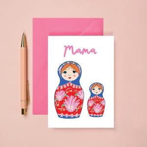 Tarjeta del Día de la Madre / Ilustración de muñeca rusa / Muñecas rusas de mamá y niño / Dulce tarjeta de cumpleaños para mamá / Muñecas matrioska