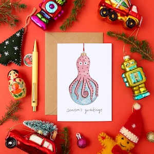 Carte de Noël de poulpe | Carte de Noël drôle | Design de Noël rétro | Un message d'accueil original pour les Fêtes | Carte de Noël unique | Pieuvre festive
