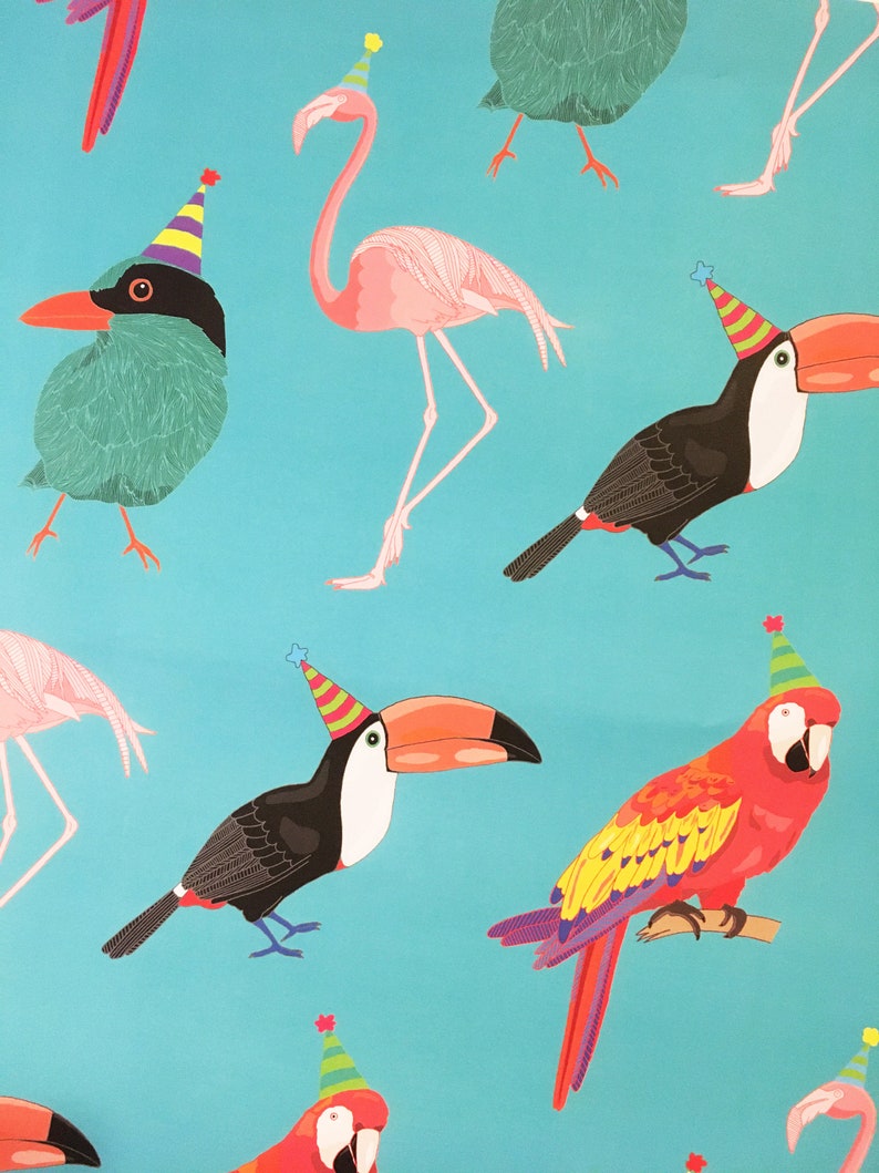 Tropische Vogel Packpapier Geburtstag Packpapier Geschenk-Wrap Papagei Flamingo Kinder Geburtstag Retro-Strand-Party Kitsch Toucan Bild 7