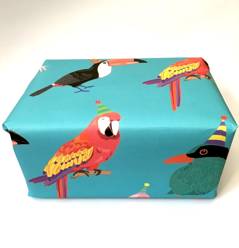 Tropische Vogel Packpapier Geburtstag Packpapier Geschenk-Wrap Papagei Flamingo Kinder Geburtstag Retro-Strand-Party Kitsch Toucan Bild 6