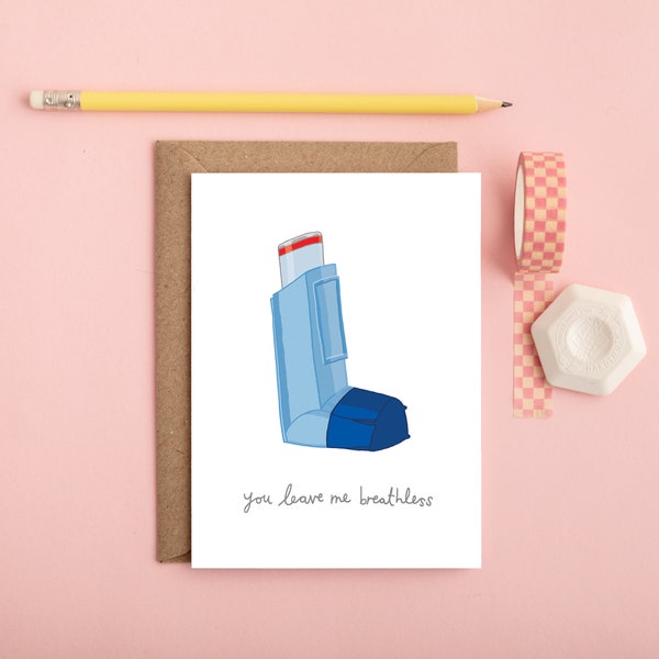 Asthma funny valentines card, asthmatic, inhaler, funny anniversary card, Hand drawn card, leave me breathless, Sentimental card, love
