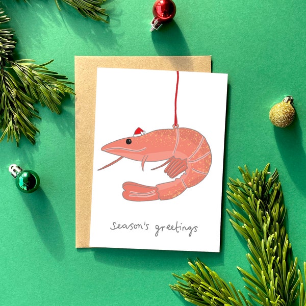 Christmas card, Christmas prawn, seasons greetings, kitsch, retro Christmas tree decoration, bauble, hand drawn, illustration festive card