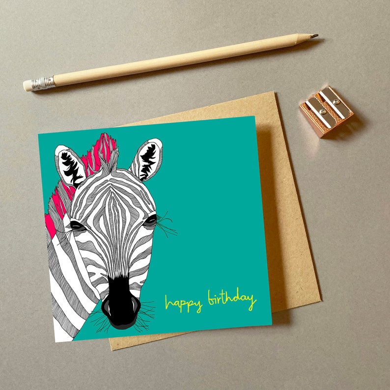 HAPPY BIRTHDAY hand drawn card illustrated card birthday card blank cards illustration funny cards zebra animal card safari image 2