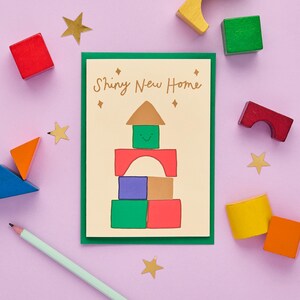 Glanzende nieuwe thuiskaart | House Of Building Blocks-kaart | Doordachte housewarmingkaart | Unieke nieuwe verblijfskaart | Luxe goudfoliekaart