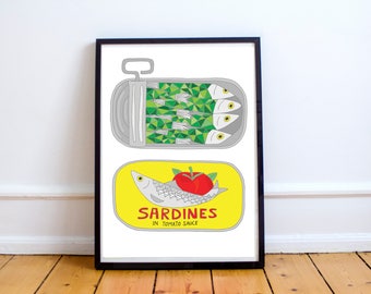 Illustration format A5 - impression coloriée - art de sardines - cuisine - mural - décoration - pour lui - pour elle - illustré - Licorne - tirage encadré