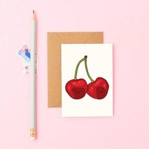 Mini biglietto di auguri con ciliegie / Biglietto di auguri minuscolo carino / Illustrazione di frutta sorridente / Biglietto divertente con cibo / Piccolo biglietto di compleanno / Mini biglietto con messaggio d'amore