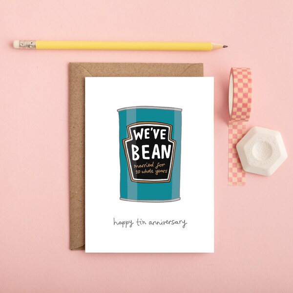 Tenth anniversary card, tin anniversary, funny anniversary card, hand drawn card, love card, illustration, husband wife, baked beans