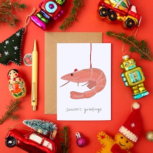 Kerstkaart met eigenzinnige garnalen | Grappige kitsch vakantiegroet | Milieuvriendelijke feestkaart