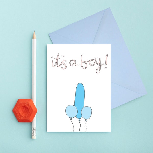 It's A Boy Greeting Card | Baby Boy Card | Gender Reveal Card | Funny New Baby Card | Funny Baby Boy Card | Newborn Card | Penis Balloons