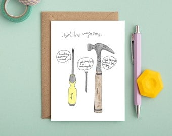 Illustrated hand drawn card - fathers day card - funny card - illustration - tools - tool box - dad birthday card - for him - hammer