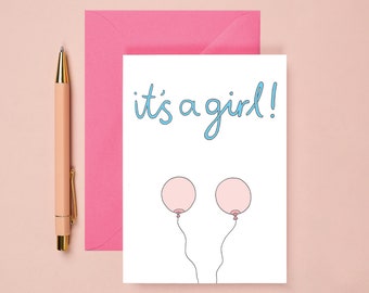 It's a girl! New baby card, Pregnancy card, Newborn baby card, Baby girl card, funny baby card, booby balloons, Illustrated hand drawn card