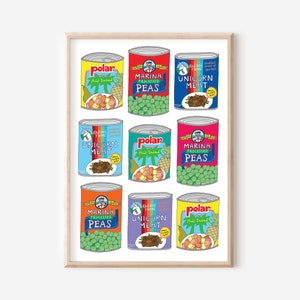 Kitchen print, food art, retro food print, kitchen poster, canned food, kitchen wall art, home decor, canned goods, illustrated, unicorn
