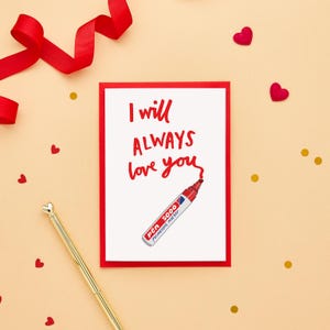Ik zal altijd van je houden kaart | Valentijnskaart | Jubileumkaart | Handgetekende kaart | Whitney Houston-nummer | Zoete sentimentele liefdeskaart