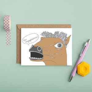 Nouvelle carte de maison, nouveaux voisins, carte tirée à la main, cartes illustrées, carte de pendaison de crémaillère, cheval, jour de déménagement, illustration - drôle de carte de déménagement