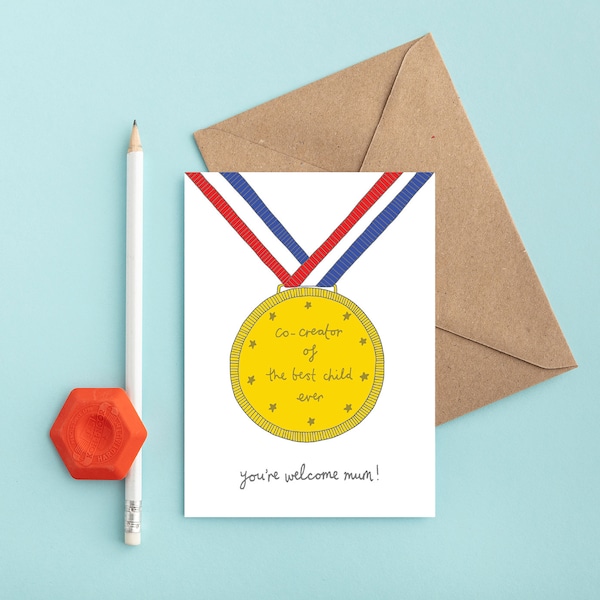 Mother' day medal, hand drawn card, illustrated card, funny, illustration, mum birthday, medal award - winner - best child - humour - mum