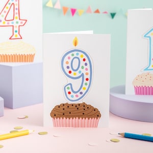 9th Birthday Card | Hand Drawn Cupcake with Number 9 Candle | Bright & Cheerful Birthday Card | Perfect for Brilliant Nine Year Olds