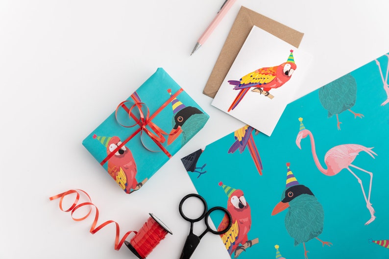 Tropische Vogel Packpapier Geburtstag Packpapier Geschenk-Wrap Papagei Flamingo Kinder Geburtstag Retro-Strand-Party Kitsch Toucan Bild 2