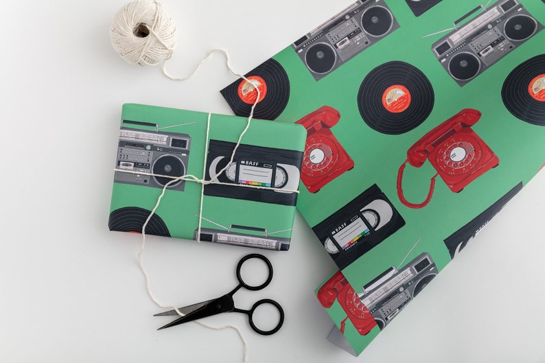 Retro wrapping paper birthday wrapping paper gift wrap retro music 80's birthday retro party boombox record vinyl image 1