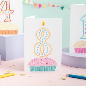 8th Birthday Card | Hand Drawn Cupcake with Number 8 Candle | Gender Neutral Greeting Perfect for Eight Year Old