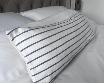 Extra long bolster pillow cover, coastal lumbar cushion cover, indigo blue stripe cushions