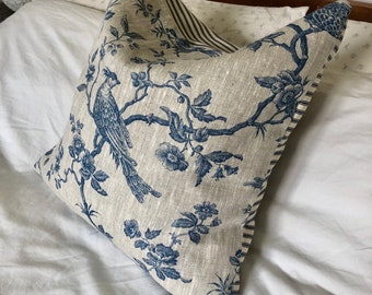 French vintage - vintage linen - linen bedding - Blue toile de jouy - linen cushion cover - blue ticking cushion - vintage decor