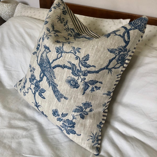 Vintage francese - lino vintage - biancheria da letto in lino - toile de jouy blu - copertura cuscino in lino - cuscino ticchettio blu - arredamento vintage