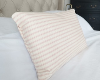 Farmhouse cushion covers, pink blush stripe ticking pillows, French vintage decor, bolster throw pillow