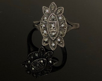 Bague Art Déco En Argent Massif Avec Marcassite Et Pierres Multicolores - Taille 49