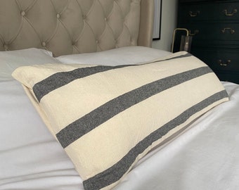 Extra long bolster pillow cover, boho home decor, neutral woven cotton cushion, cream stripe lumber, 12x30 inch, large throw cushions