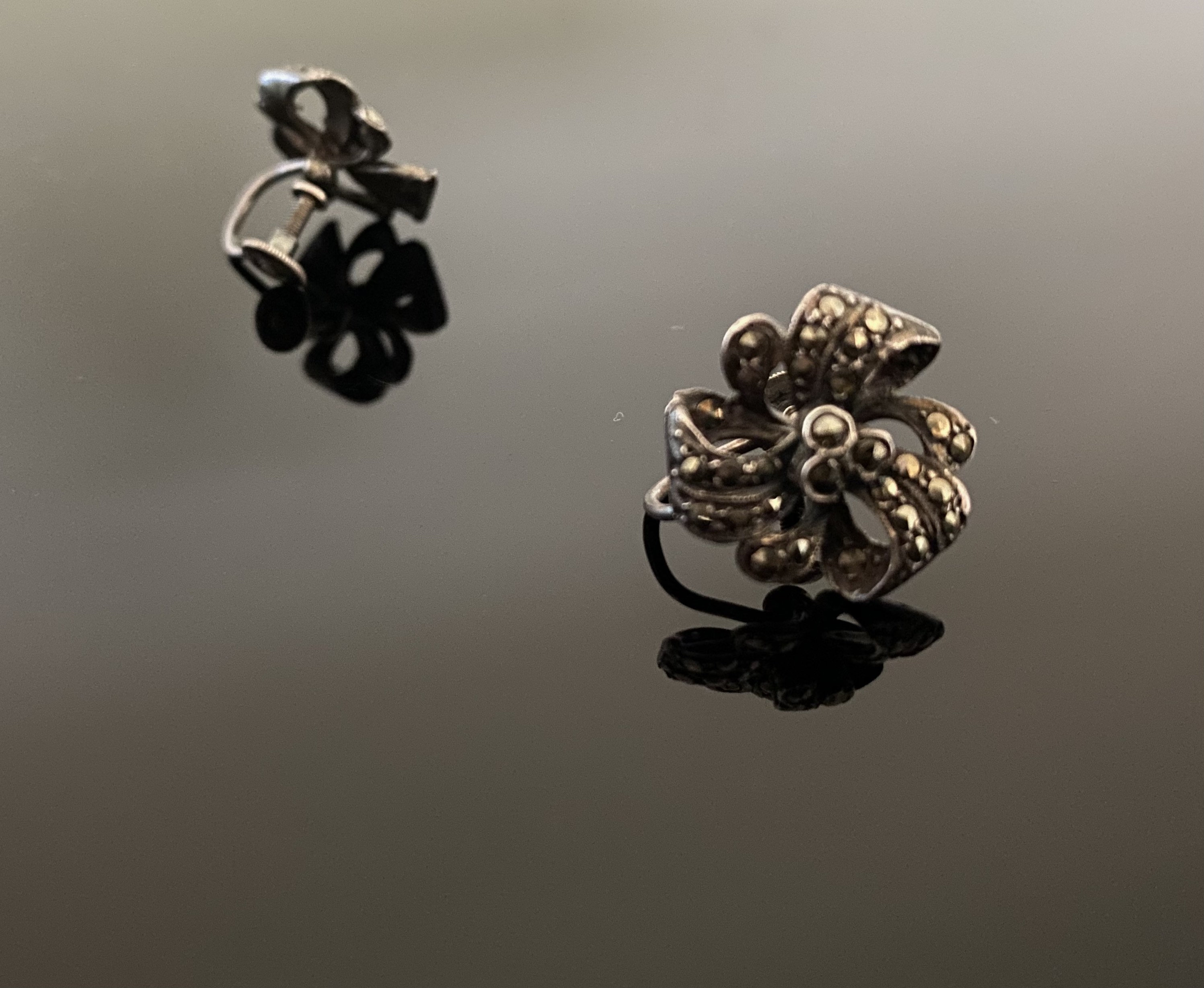 Boucles D'Oreilles Anciennes Argent - Fermoir En Or Et Marcassites - Espagne XIXe Siècle - Occasion