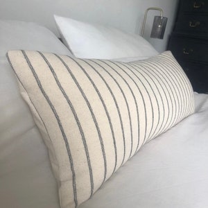 Extra long bolster pillow cover, boho home decor, neutral woven cotton cushion, cream stripe lumber, 12x30 inch, large throw cushions