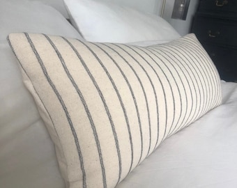 Extra long bolster pillow cover, boho home decor, neutral woven cotton cushion, cream stripe lumber, 12x30 inch, large throw cushions