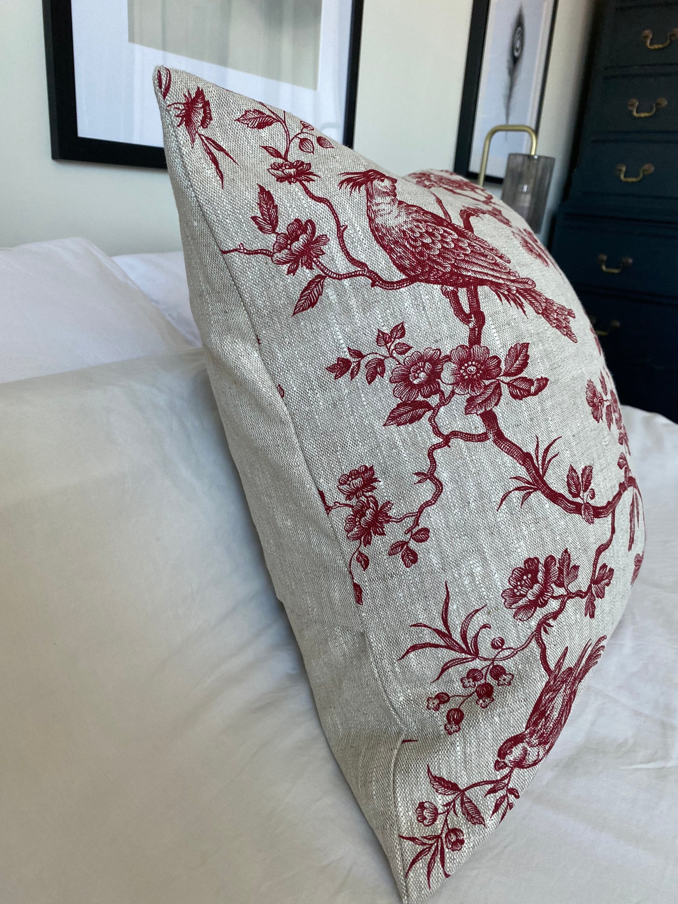 French country pillow cover, vintage linen bedding, wine red toile de jouy, french linen bedding, farmhouse decor, christmas decor pillows
