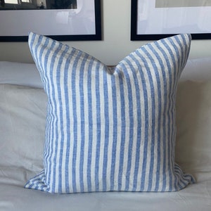 Striped blue throw pillow cover, stripe ticking linen pillow, french ticking throw pillow, extra large cushion covers