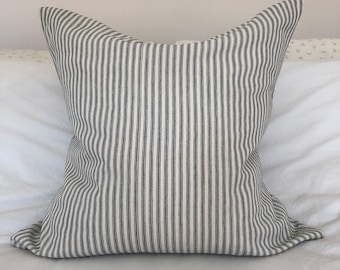 French Farmhouse Pillow Cover, Charcoal Grey Striped Ticking Cushion