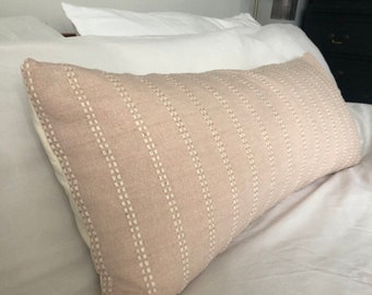 long bolster pillow cover, blush pink lumbar pillow, Neutral stripe bolster, bohemian home decor, organic cotton throw, bench cushion