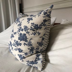 Vintage decor, French vintage pillow cover, Blue floral cushion cover, blue cream ivory striped, ticking cushion, blue roses, toile de Jouy