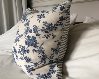 Vintage decor, French vintage pillow cover, Blue floral cushion cover, blue cream ivory striped, ticking cushion, blue roses, toile de Jouy
