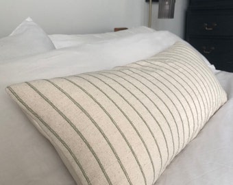 long bolster pillow cover, sage green cushion cover, Neutral stripe lumbar, bohemian farmhouse decor, green bench cushion cover