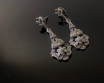 Art Deco Marcasite Sterling Silver Earrings, 1920s Wedding Jewelry
