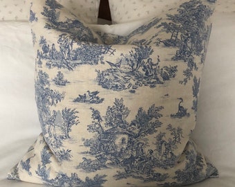 Housse de coussin vintage française - toile de jouy bleue - oreiller campagnard français - taie d'oreiller bleue - coussin bleu - déco vintage