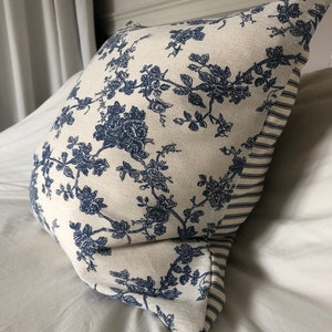 Blue floral cushion cover, French vintage, outdoor cushions, farmhouse decor, blue striped cushion, toile de Jouy, vintage decor