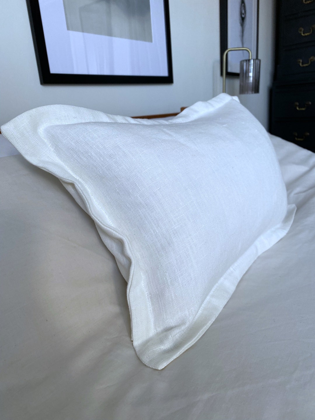White Linen Pillow Cover, Bolster Cushion Cover, Oxford Edging Linen
