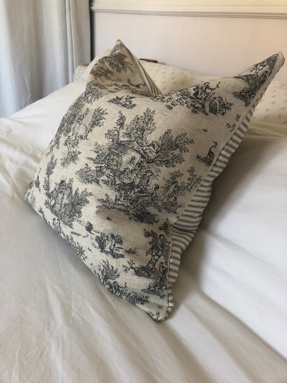 French Vintage Dove Light Grey  Stripe linen look cushion cover & grey pom pom 