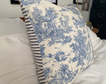 French vintage cushion cover - Blue toile de jouy - French country pillow - blue striped ticking cushion -  blue cushion - vintage decor